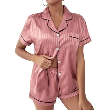 

Enjiwell Womens Satin Silk Pyjamas Sleepwear Short Sleeve Shirts Tops Nightwear Set