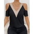 thumbnail image 5 of ClodeEU Women's V Neck Cold Shoulder Short Sleeve Top with Contrast Trim, Casual Solid Color Blouse Black,Women's Plus M, 5 of 6