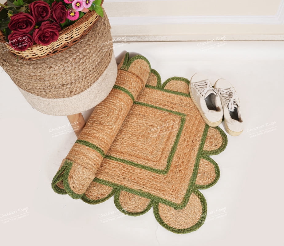 Hand Braided Natural Jute Rug Beige and Green Scalloped Area Rug Rectangle Rug