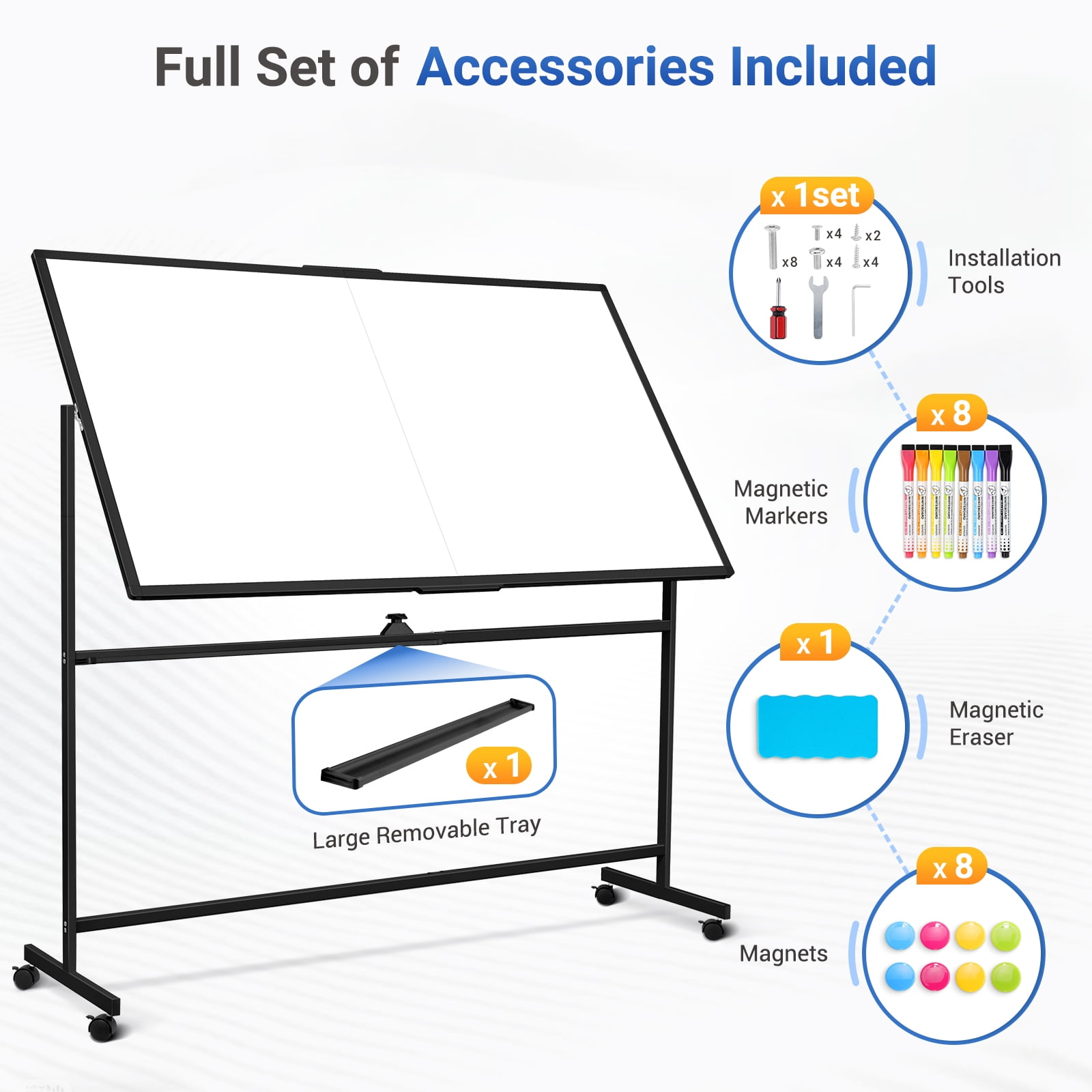 DOLLAR BOSS Rolling Whiteboard on Wheels 72"x40" Double-Sided Dry Erase Board with Stand Big White Board with Stand Large Whiteboard Portable Magnetic Mobile White Board, Black