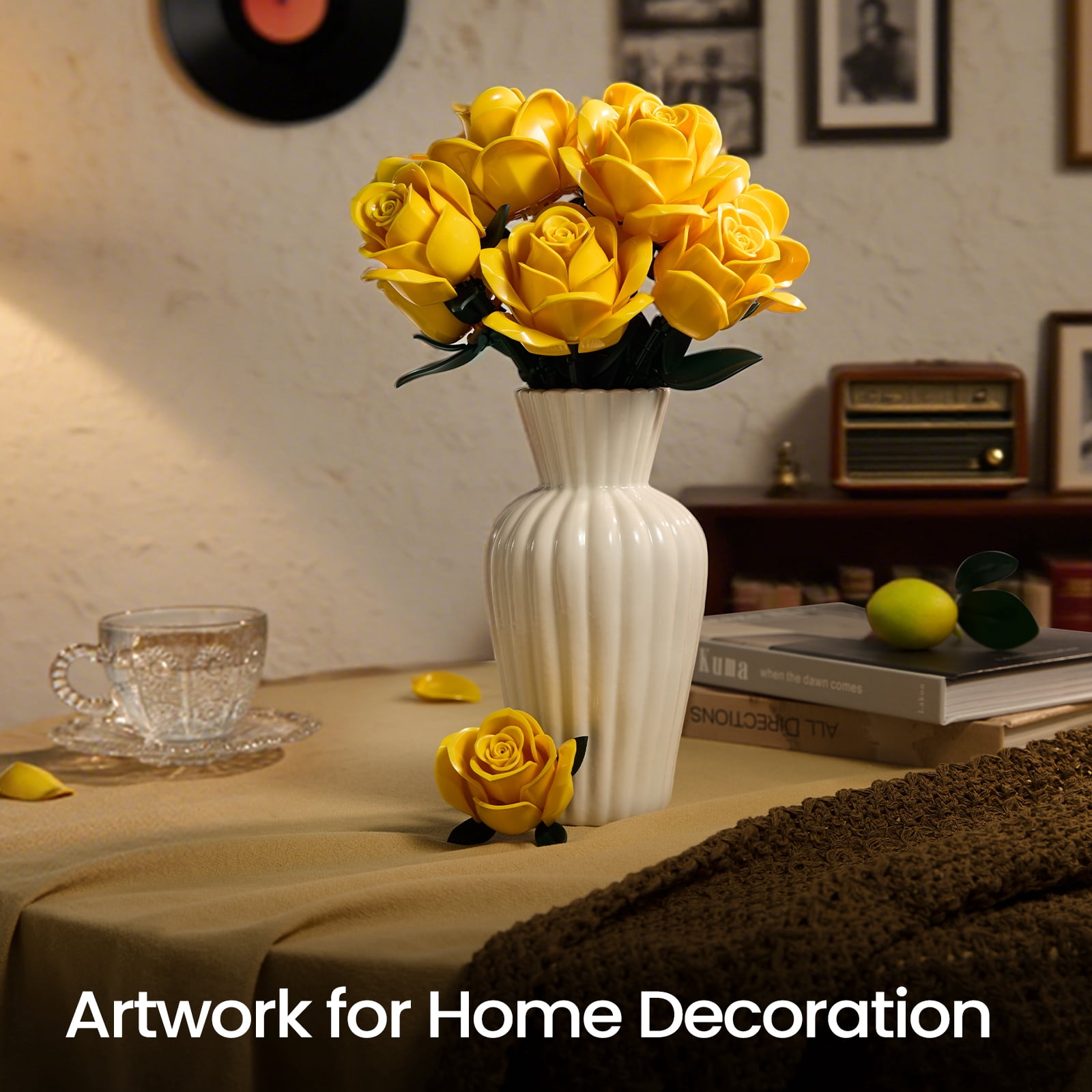 Yellow Rose Bouquet Building Set, Yellow Flowers for Adults Women, Botanical Collection Gift for Christmas & Valentines - Artificial Plant Gothic Home Decor