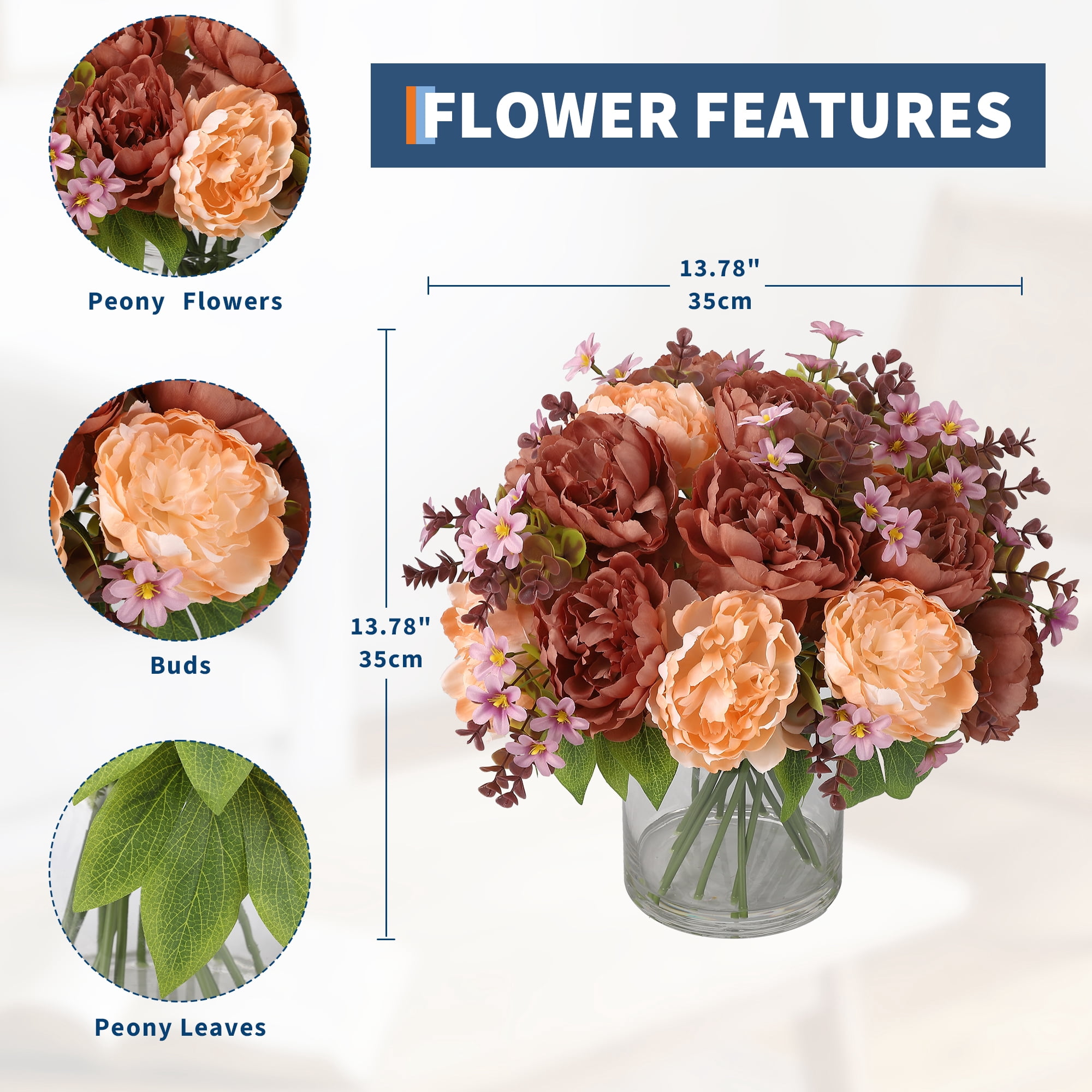 PYY Golden Brown Silk Peony Bouquet in Glass Vase with Faux Water – Real Touch Artificial Flowers for Home Decor and Home Office, Wedding, Table Centerpiece