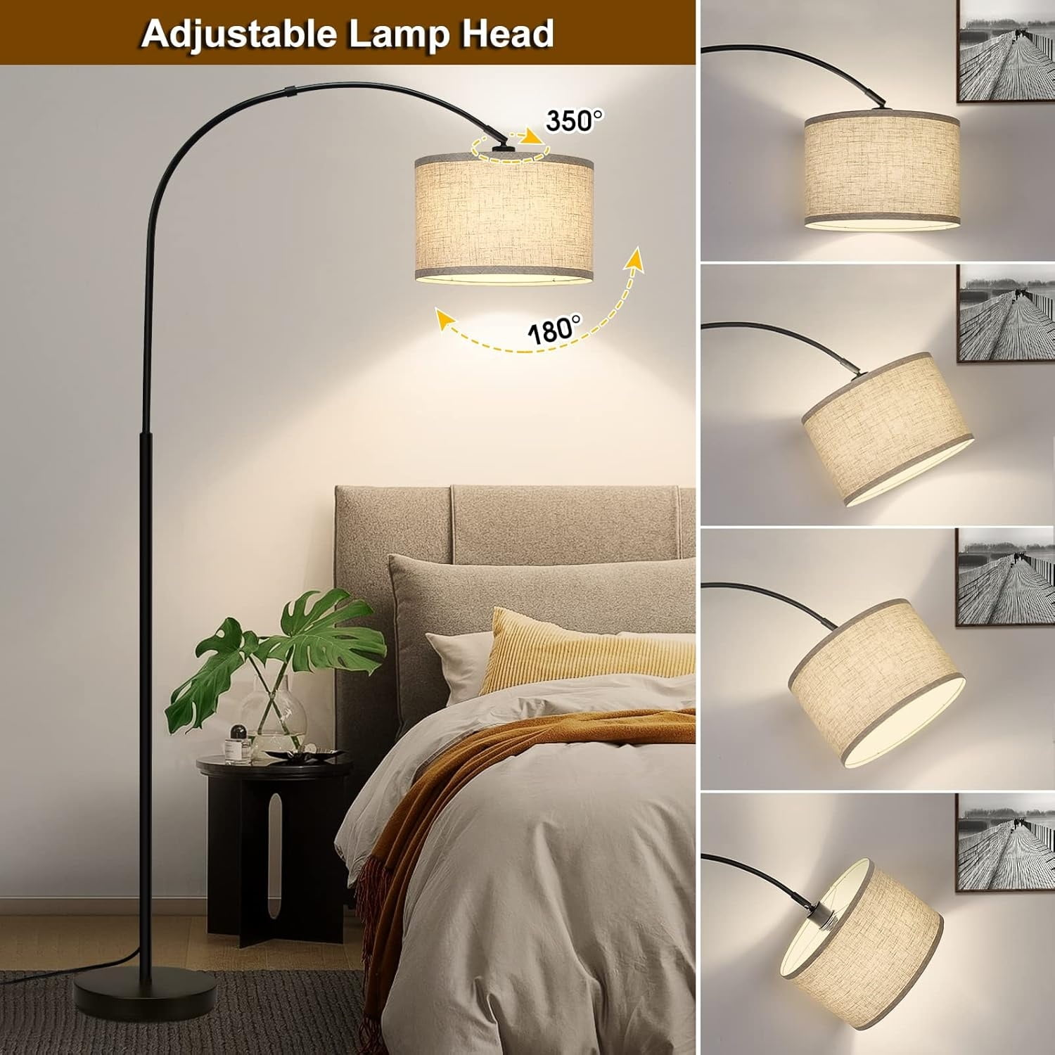 Floor Lamps for Living Room, Modern Standing Lamp with Adjustable Hanging Drum Shade, Tall Pole Lamp with Foot Switch, Over Couch Arched Reading Light for Bedroom, Office (Black)