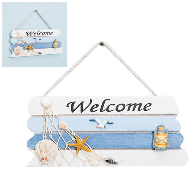 Oubit Wooden Mediterranean Ocean Nautical Welcome Sign with Star Fishes Shell for Home Bar Shop Door Decor