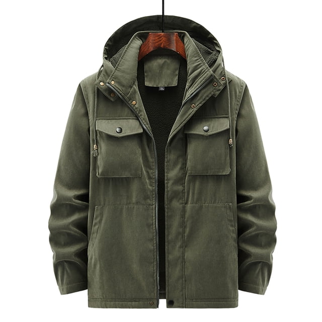 Pisexur Men's Outdoor Jackets Winter Military Thicken Cotton Jacket Fleece Lined Coat Casual Stand Collar Windbreaker With Hood