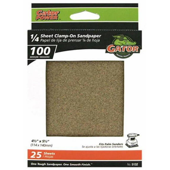 Gator® 5132 1/4 Sheet Clamp-On Sandpaper, 100-Grit, 4.5" x 5.5", 25-Pack