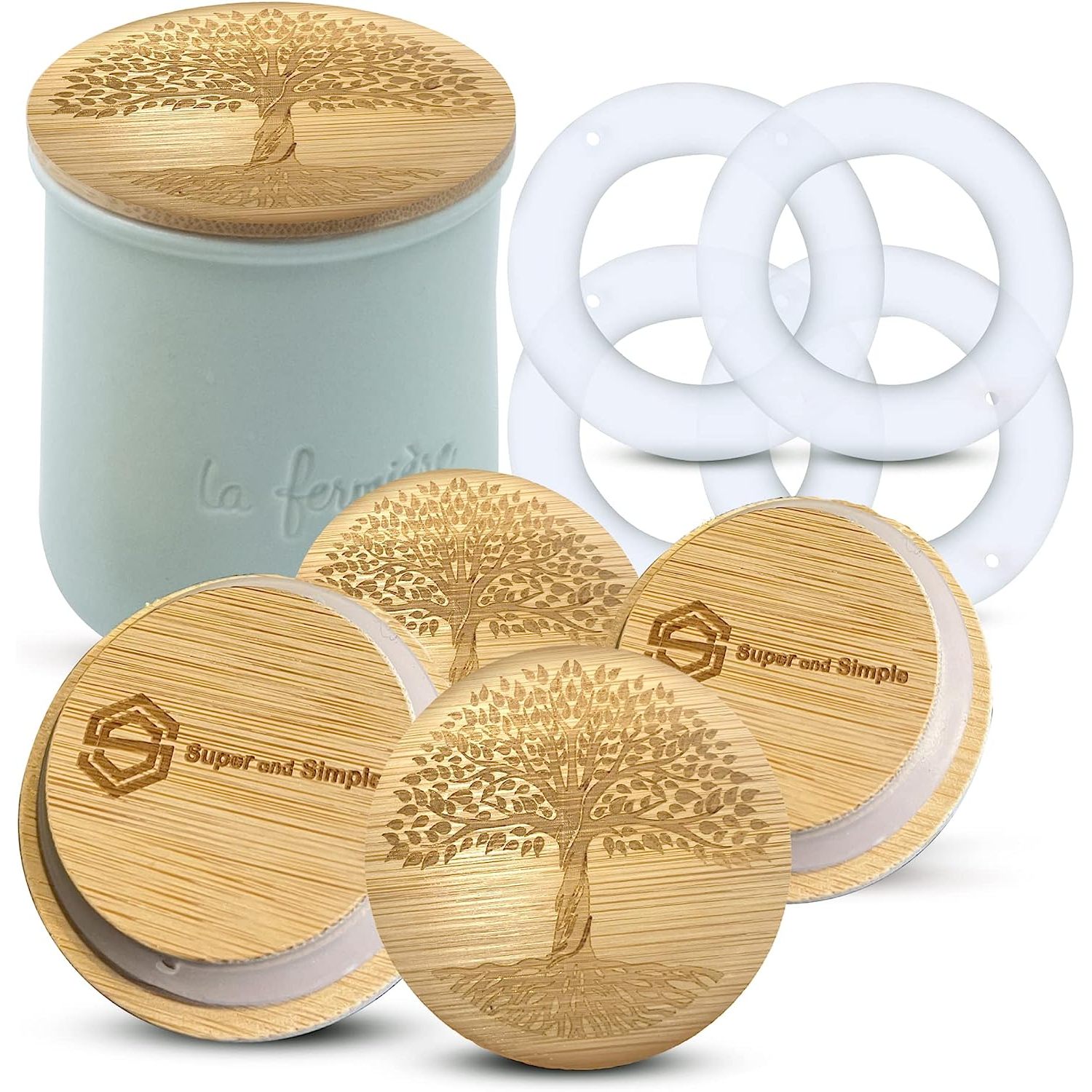 La Fermiere Yogurt Jar Lids 4 Bamboo Wood Lids Set Each One With 2