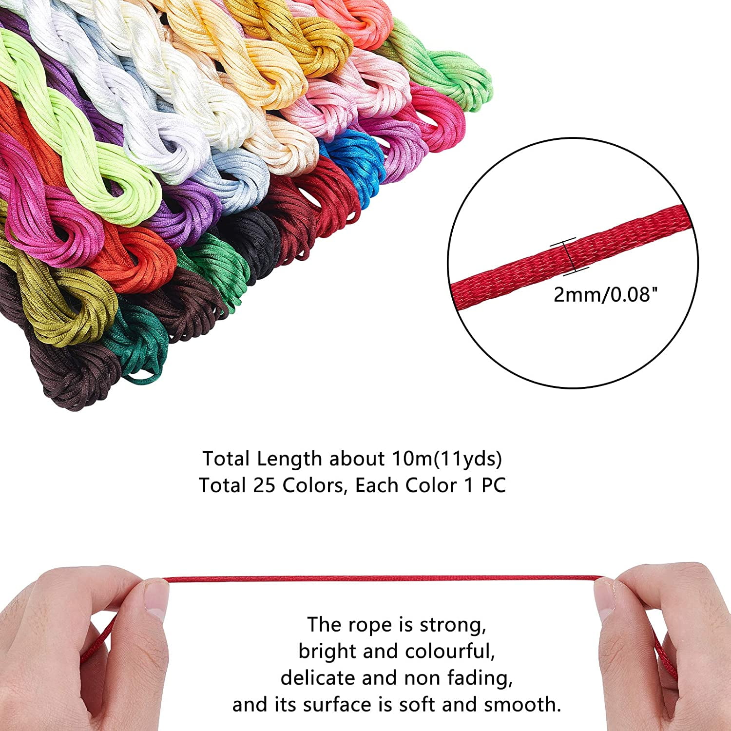 250 Yards 2mm Rattail Satin Silk Cords Satin Bracelet String Nylon Cord Thread for Necklace Friendship Bracelet Chinese Knot Macramé Dream Catchers Braid Hair 25 Color