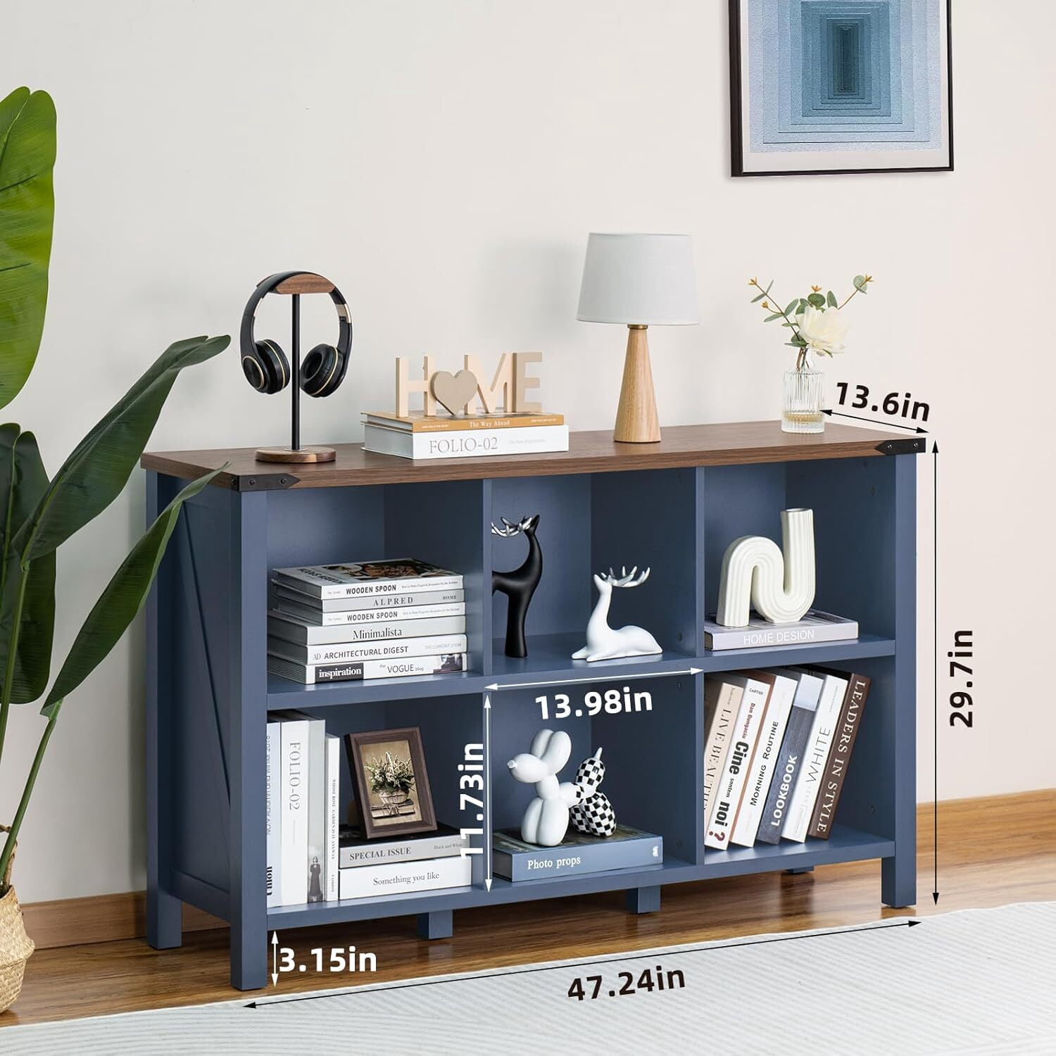 Joaxswe 6-Cube Storage Organizer, 3-Tier Farmhouse Bookshelf, Wood Display Bookcase for Living Room, Bedroom, Office, Navy Blue