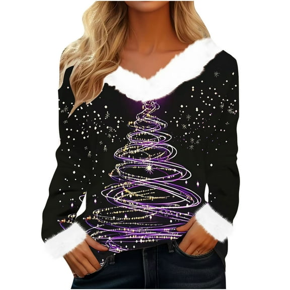 Lovskoo Merry Christmas Sweatshirts Women's Fluffy Trim V Neck Sweaters Casual Loose Xmas Long Sleeve Pullover J-Black
