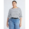 thumbnail image 2 of Free Assembly Women's and Women's Plus Striped Cotton Boatneck Tee with 3/4-Length Sleeves, Sizes XS-4X, 2 of 6