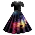 thumbnail image 3 of Vestidos de Dama Vestido Informal de Verano Para Mujer, Cuello Redondo, Manga Corta, Cinturón Extraíble, Estampado de Galaxia, 3 of 3