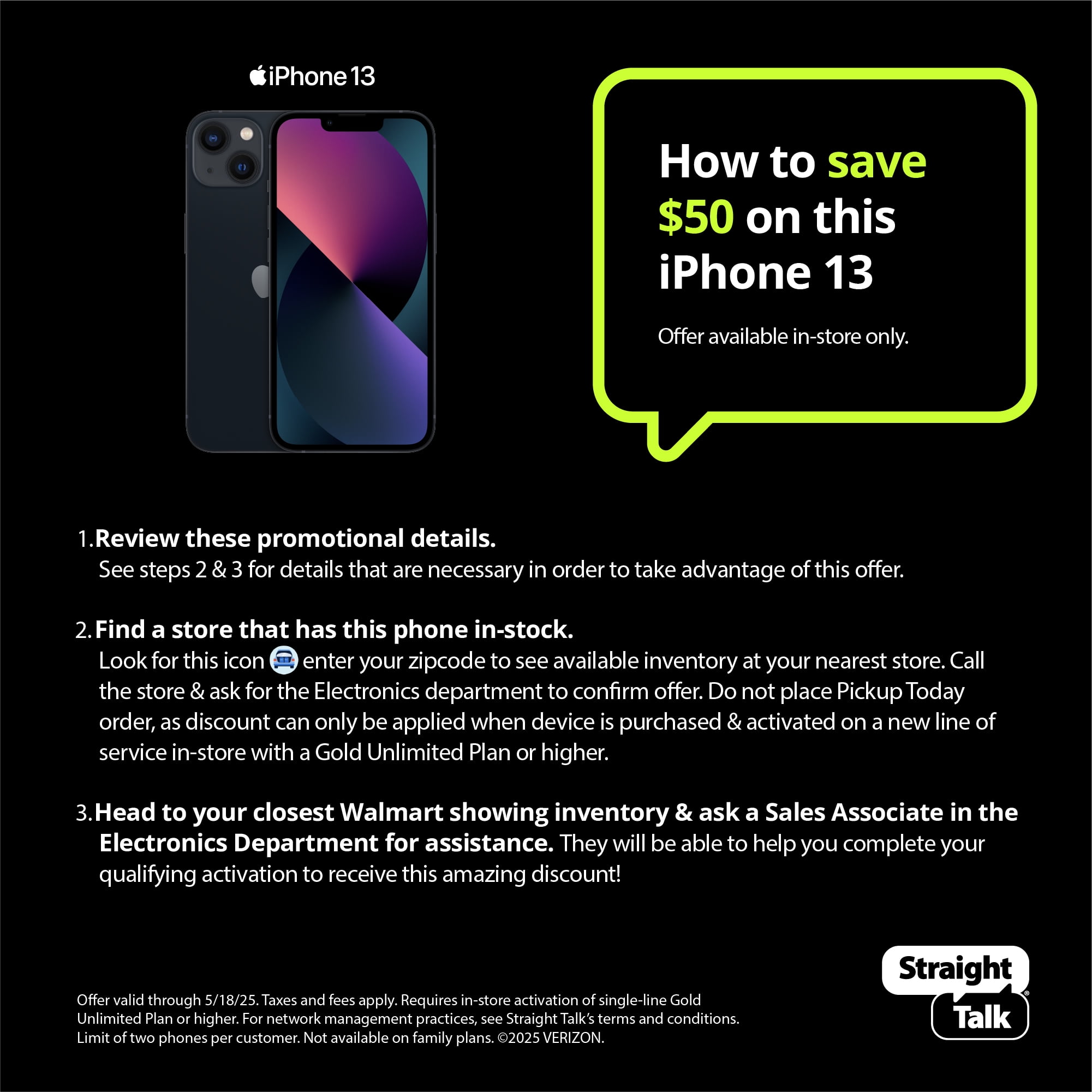 Straight Talk Apple iPhone 13, 128GB, Midnight - Prepaid 