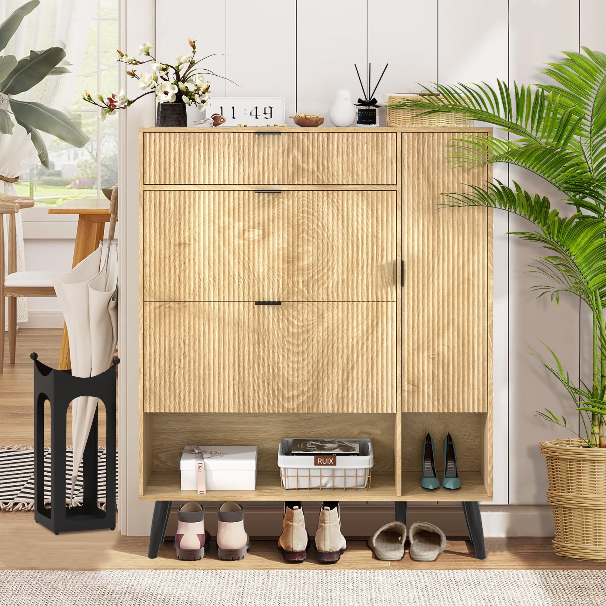 Furtivusia Shoe Storage Cabinet with 2 Flip Drawers, Freestanding Shoe Rack Shoe Cabinet for Entryway, Shoe Rack Organizer for Living Room, Wood Color