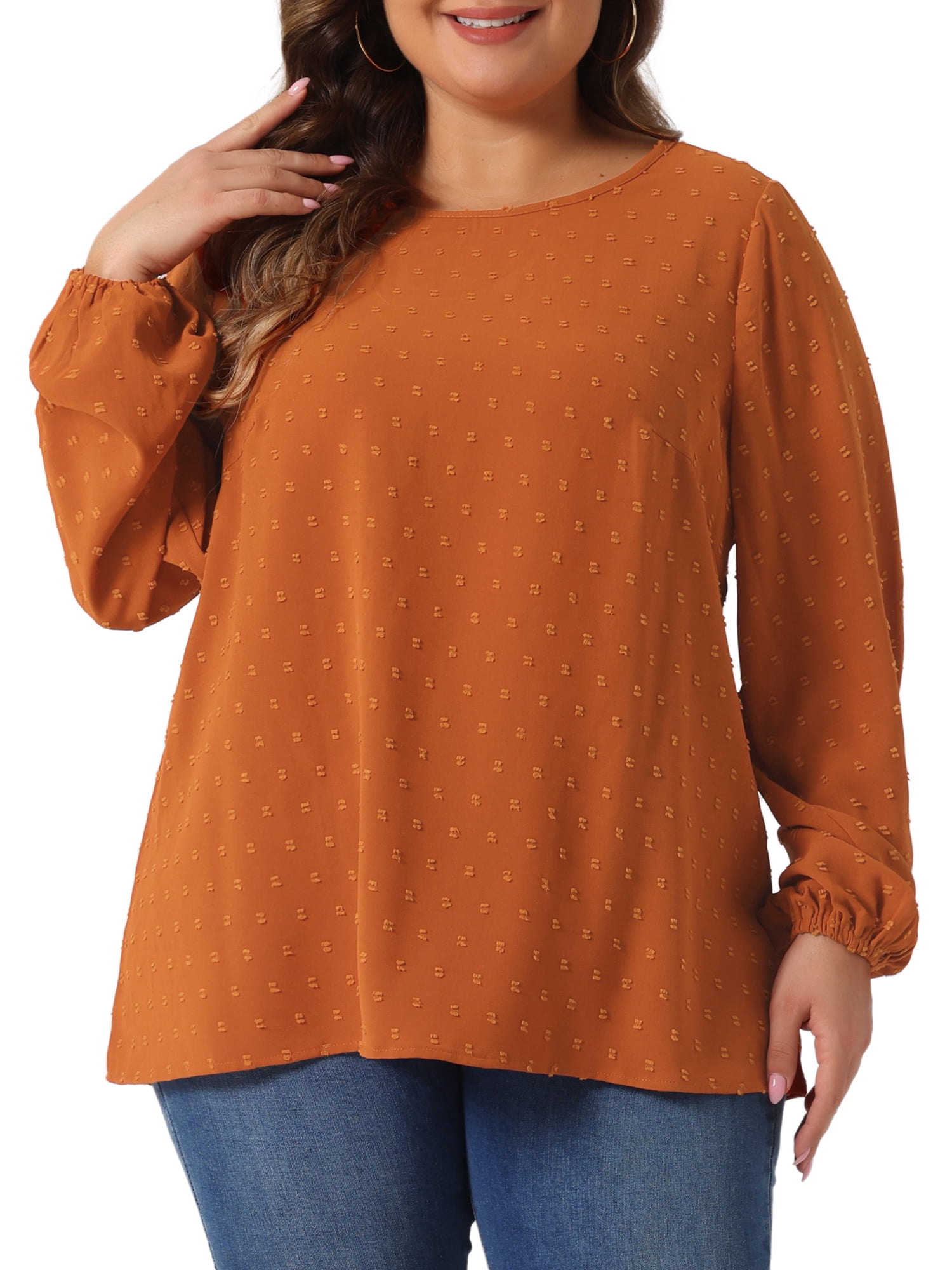 DARING DIVA Women's Plus Crewneck Chiffon Swiss Dots Shirts Top 1X Caramel