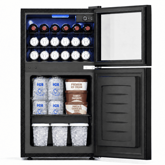 Snowyermine 2-in-1 Beverage Refrigerator with Bottom Freezer, Compact Dual-Zone Mini Fridge with Glass Door & LED Light, Freestanding for Home, Office, Dorm