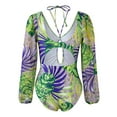 thumbnail image 4 of Levmjia Women's Modest Long Sleeve Printed One Piece Swimsuit High Elasticity Nylon Spandex High Waist Tummy Control Swimwear for Women Plus Size S - XL Vintage Leaf Print Bathing Suit, 4 of 9