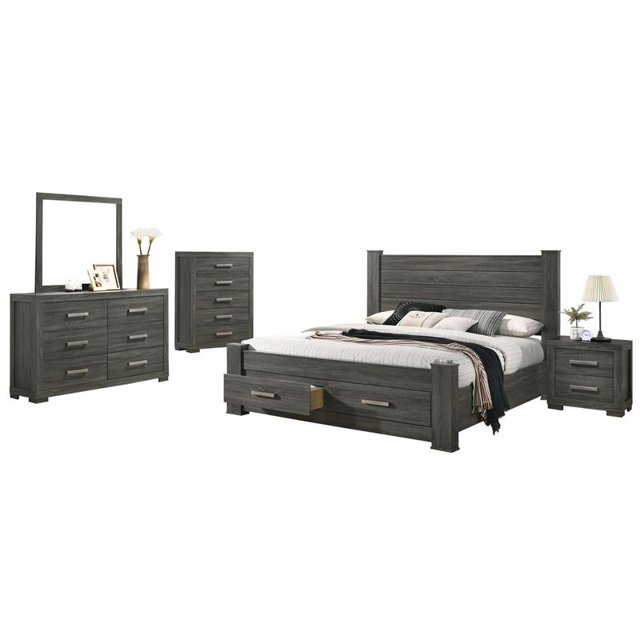 Weathered Gray Wood 5pc Bedroom Set with Queen Platform Storage Bed