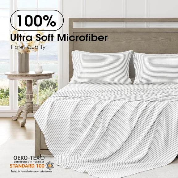 Twin Sheets Set - Ultra Soft Striped Sheets - Brushed Microfiber - Deep Pockets up to 16" - Easy Care - Hotel Luxury 3 Piece Striped Sheets Twin, Stripe Grey