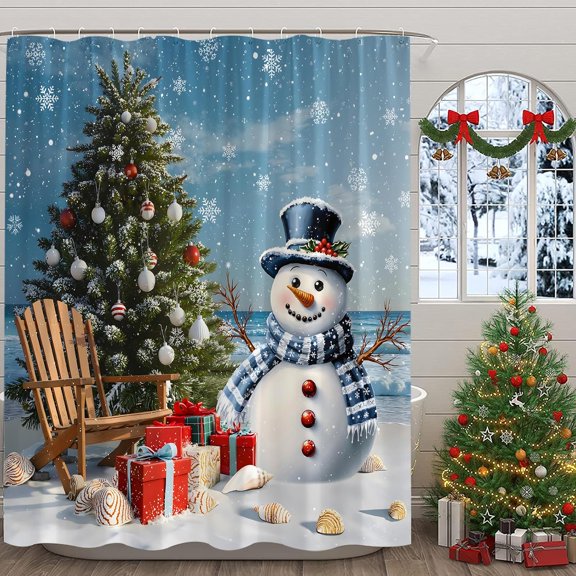 Christmas Tree Shower Curtain, Snowman Snowflake Beach Chair Bath Curtain, Holiday Bathroom Decor, Waterproof Polyester Fabric with Hooks 36"W x 72"H