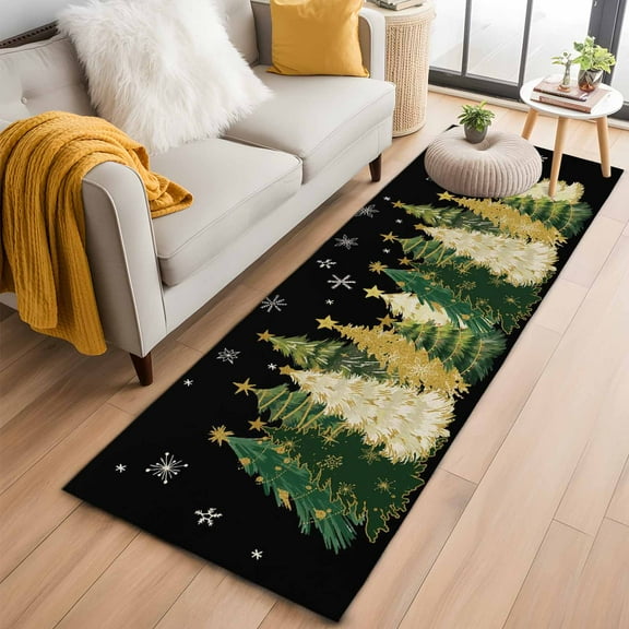 Black Christmas Tree Kitchen Runner Rug 2x6 Washable Runners for Hallway Non Slip Xmas Tree Winter Snowflake Large Area Rug Indoor Floor Carpet for Bathroom Laundry Entryway Bedroom Living Room