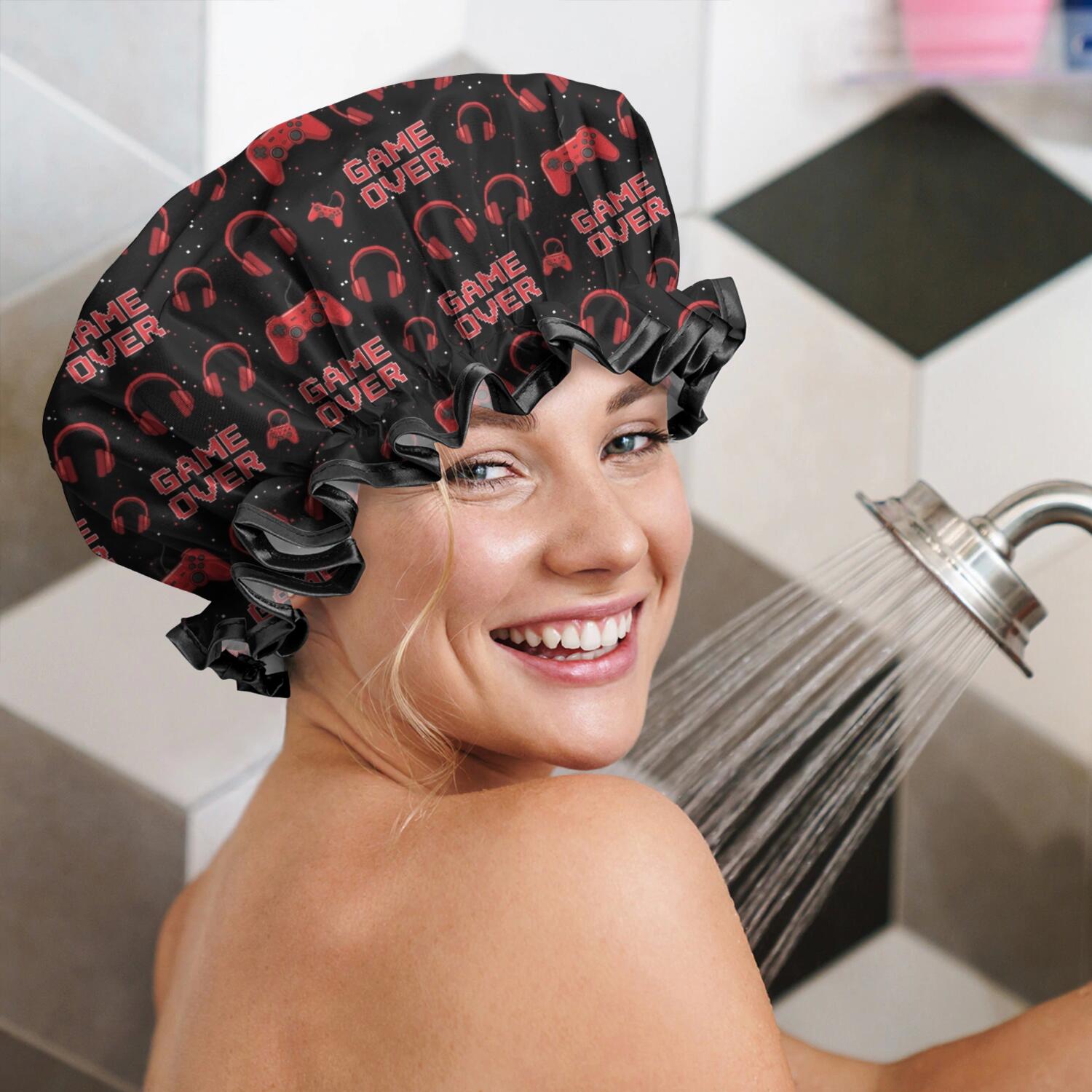 Shower Caps,Red Controllers Games Icons Black Pattern Waterproof Shower Cap for Women 4 Pieces,Double Reusable Hair Cover for Shower PEVA Elastic Stretch Hem
