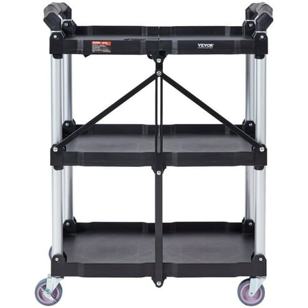 Foldable Utility Service Cart 3 Shelf 165LBS Heavy Duty Plastic Rolling Cart with Lockable Wheels Ergonomic Handle Portable Garage Tool Cart for Warehouse/Office/(25.62