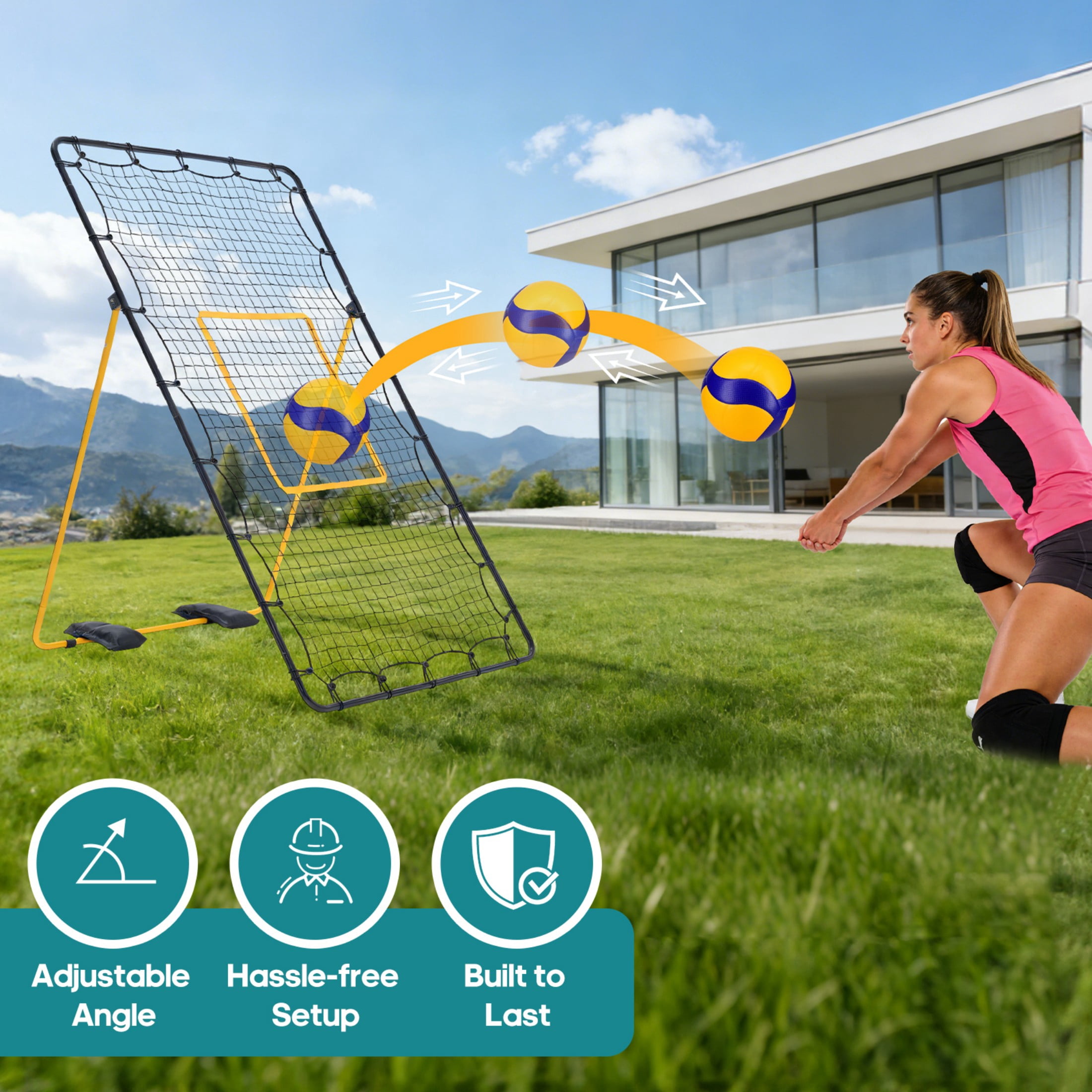 SHOUFTW 7x4 ft Volleyball Rebounder Net-Multi-Sport Training Bounce Back Net with Carry Bag, 5 Angle Adjustments for Indoor & Outdoor Practice, Black Yellow