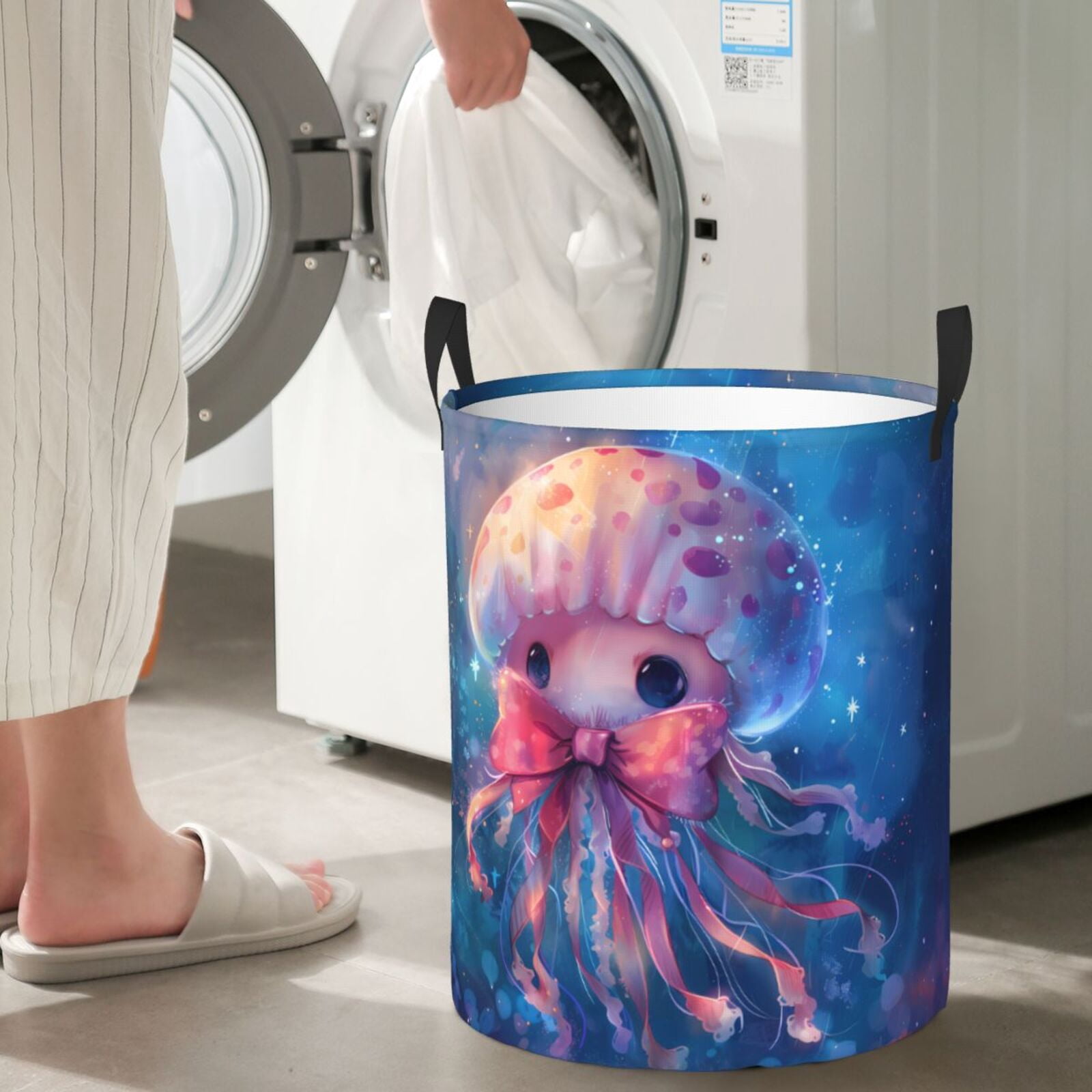 Large Laundry Basket with Handles - Adorable Jellyfish In Bow Kids Baby Dirty Clothes Laundry Hamper for Bedroom Aesthetic