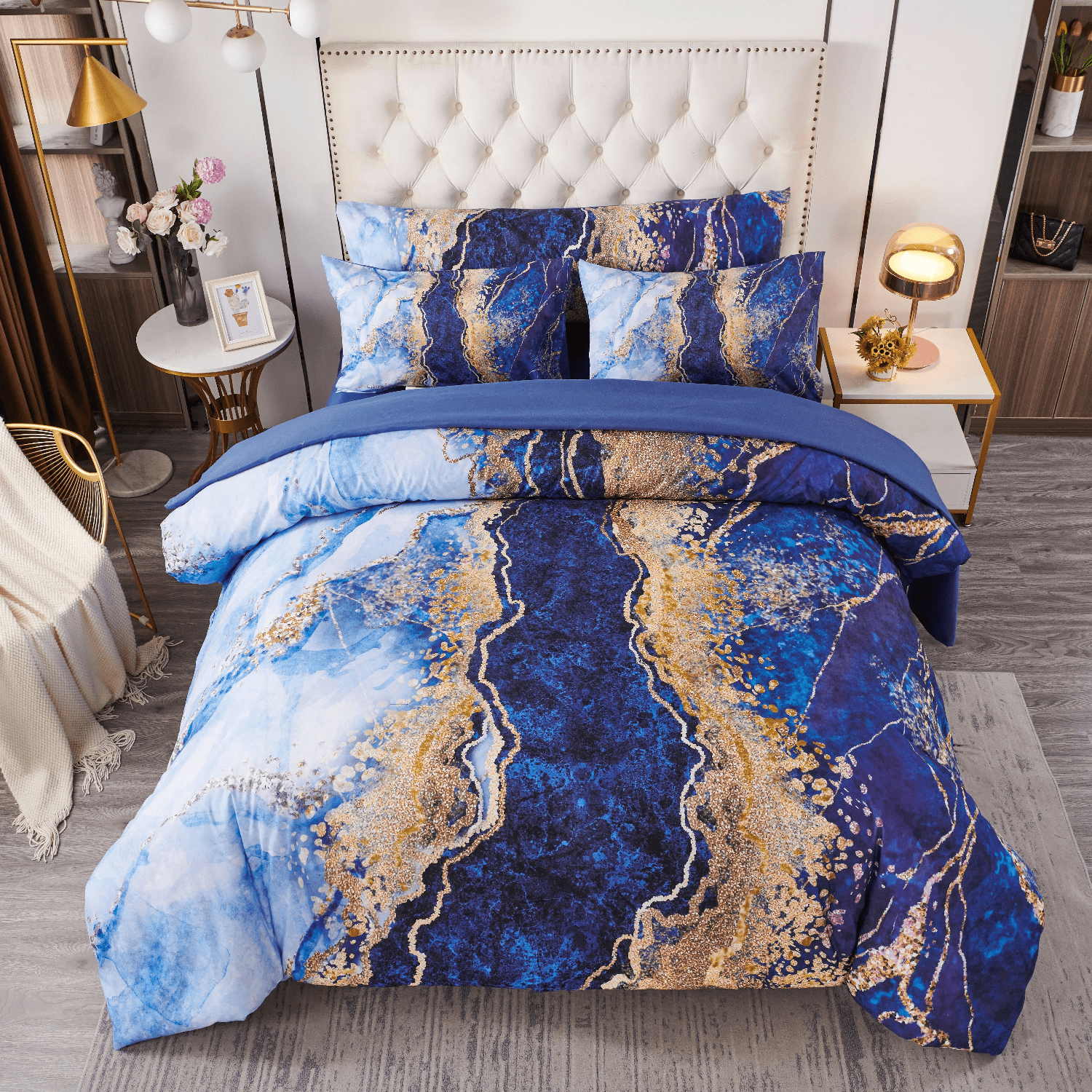 PERFEMET 6-Piece Light Blue King Size Comforter Set,Watercolor Marble Printed Bed in a Bag Set,Retro Artwork Style Bedding Set for Women Men