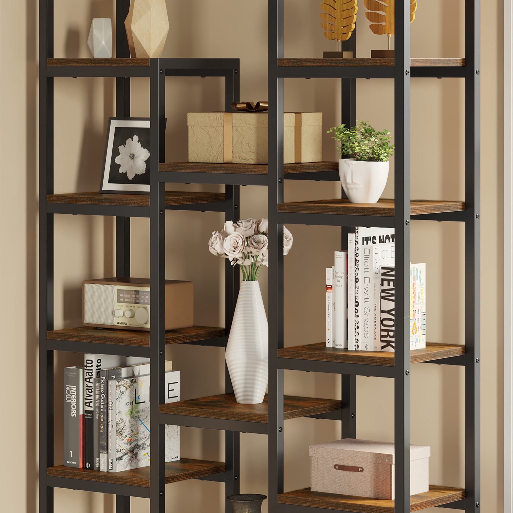 Dextrus 6 Tier Bookshelf, Tall Modern Free Standing Bookcase with 12 Shelf, Open Display Shelf Storage Book for Office Home, Black & Brown