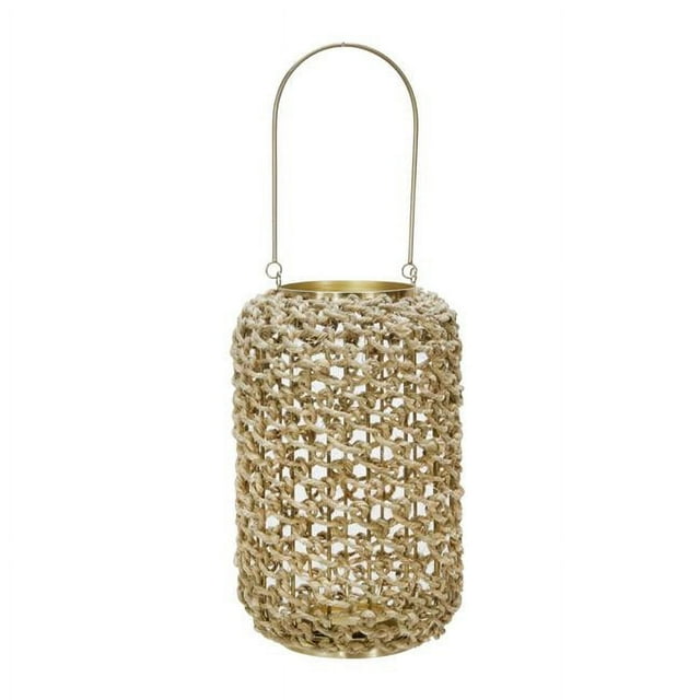 Benjara BM221090 Cylindrical Rattan Lantern with Metal Frame & Handle, Brown & Gold - Large