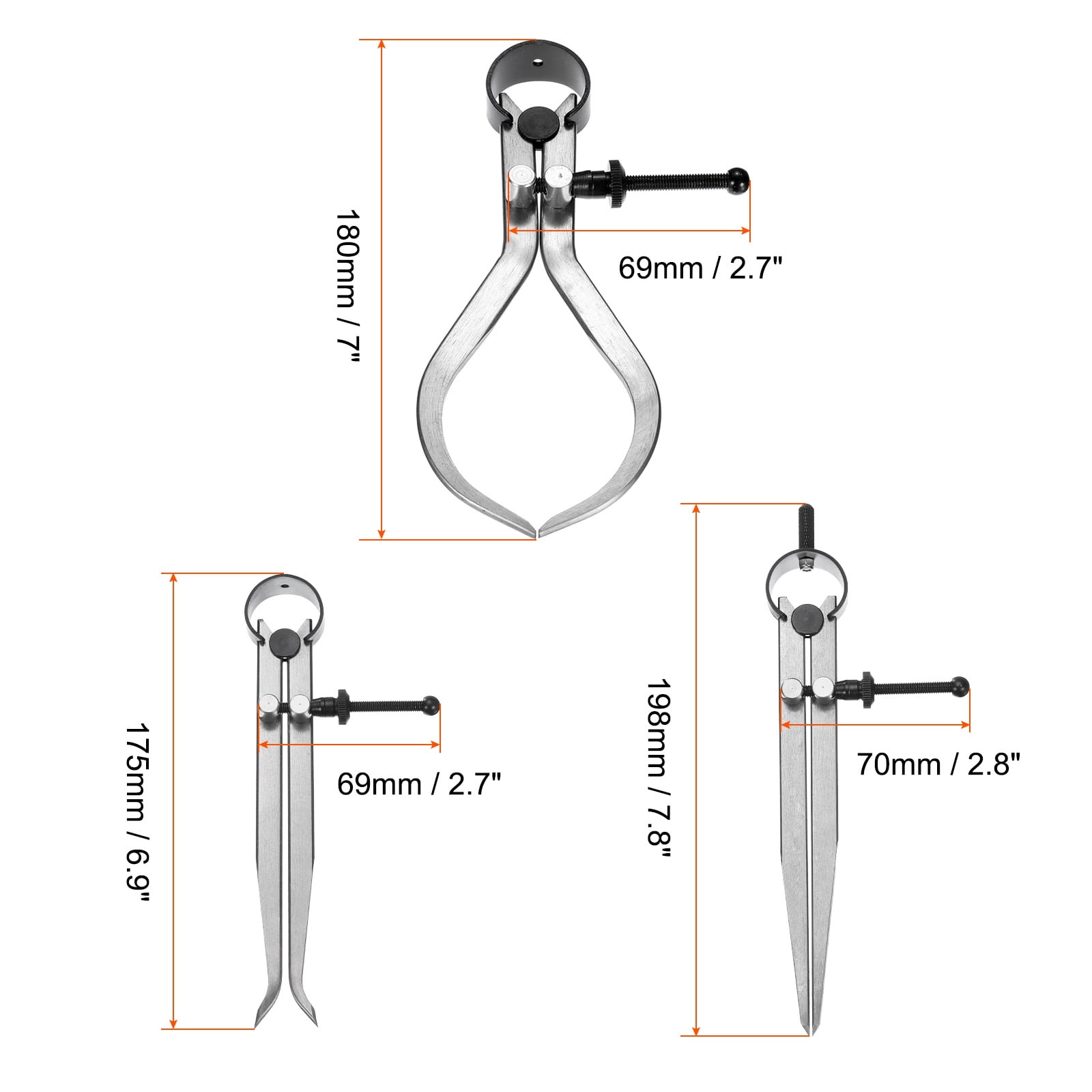 Uxcell 3pcs Spring Outside Inside Caliper Divider 6" Stainless Steel Adjustable Spring Caliper Set Bent-Leg Straight-Leg