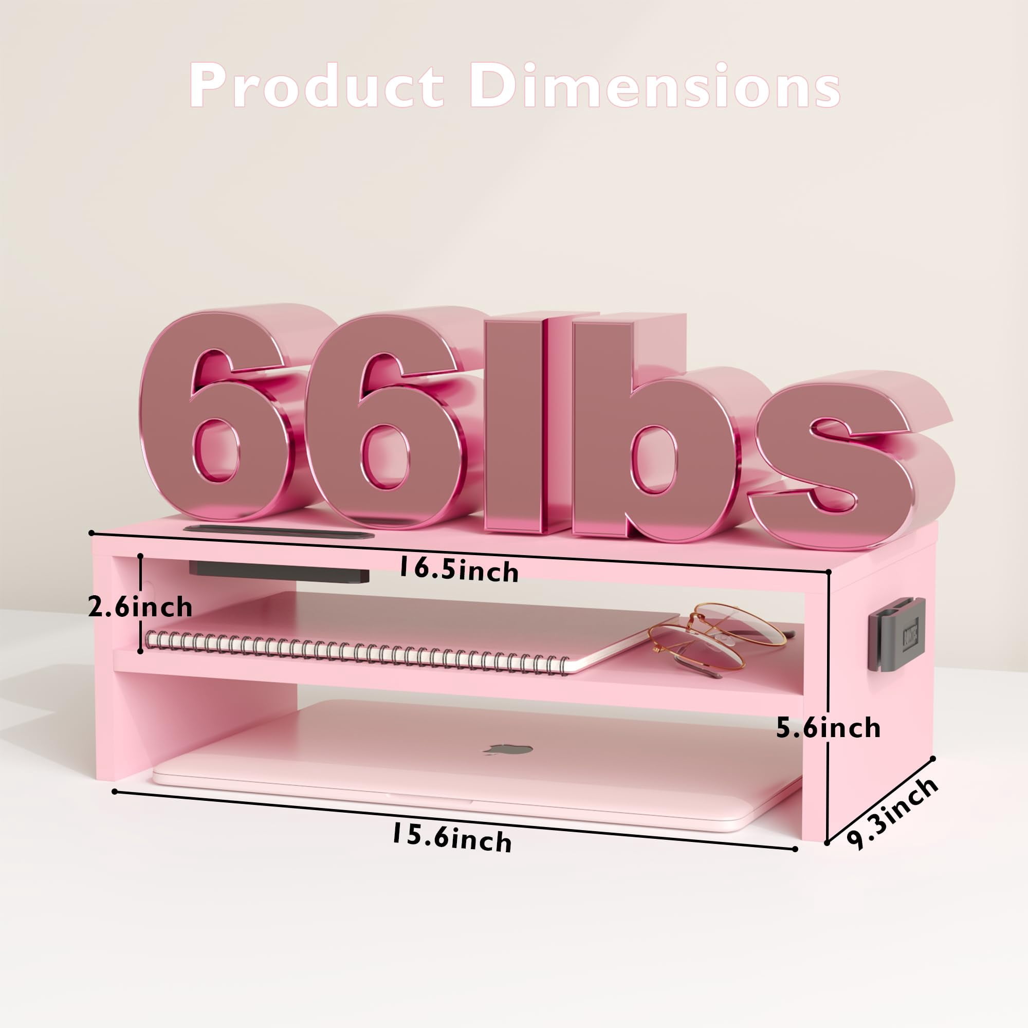 Wooden Monitor Stand Riser  2-tier Desk Shelf With Storage Organizer Computer Cable Management Cellphone Holder Pink 16.5 Inch