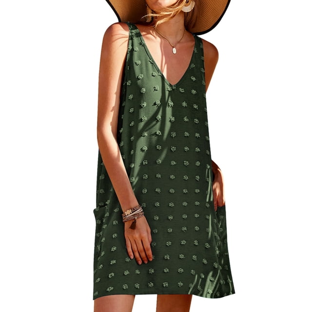 Vestido playero de lunares con escote en V, vestido playero informal de lunares para mujer para el sol y el verano, vestido playero con escote en V, materiales ecológicos