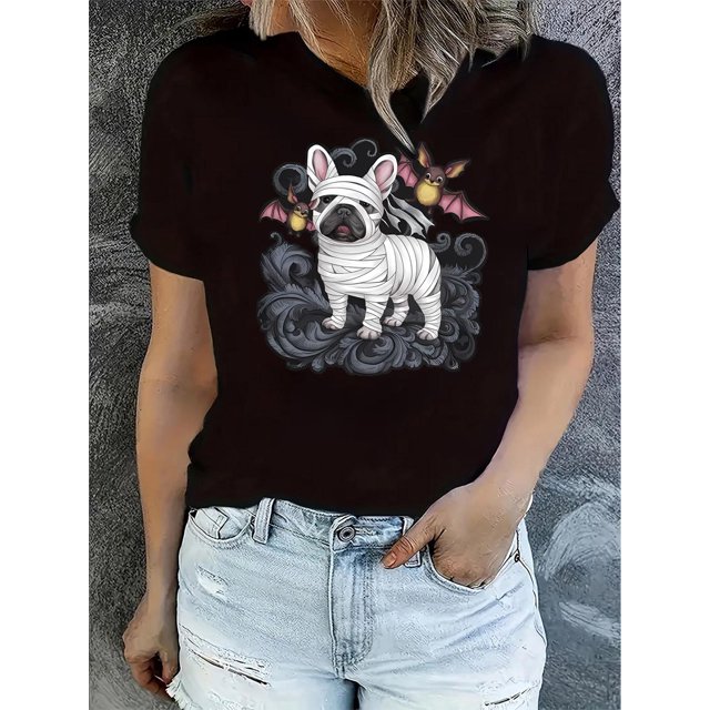 Creative Cartoon Puppy Pattern Print Women's Fashion Trendy Round Neck Short Sleeve, Simple Casual Sports T-shirt, Comfortable Holiday Summer Top Women's Clothing