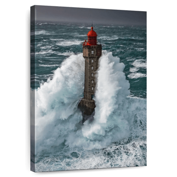 Elephant Stock Storm At La Jument Lighthouse Wall Art - Vertical Canvas Wall Art - Living Room Wall Decor - Nautical Canvas - Teal And Blue Decor - 8" x 12"