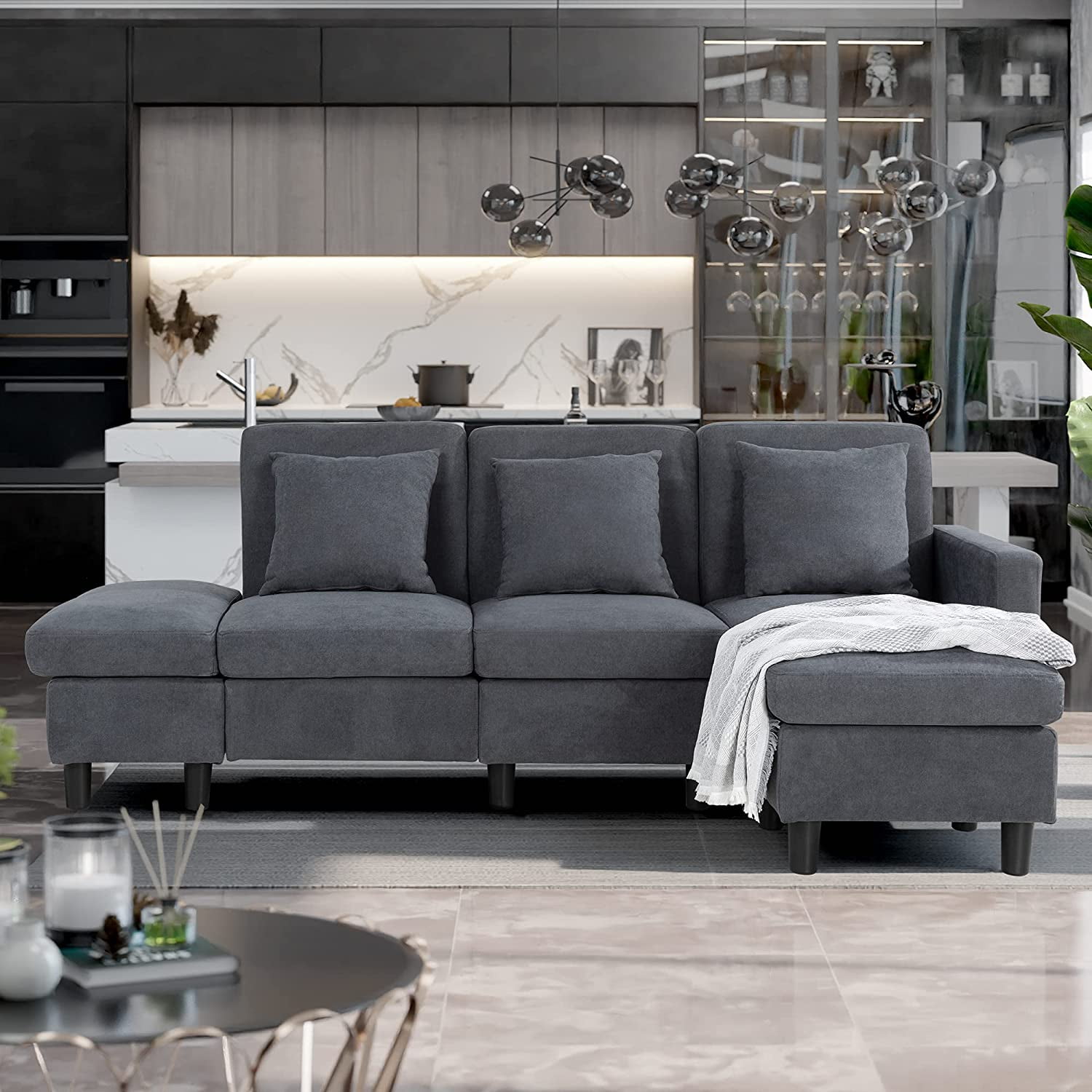 Walsunny Modern Dark Gray Cotton L-Shape Convertible Sectional Sofa ...