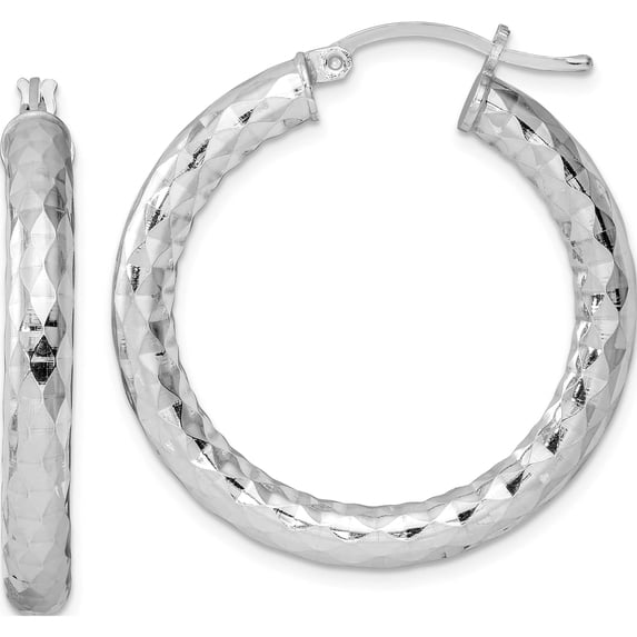 Sterling Silver Rhodium-Plated Textured 4X30mm Hoop Earrings (32 X 32) Made In Mexico qe11511