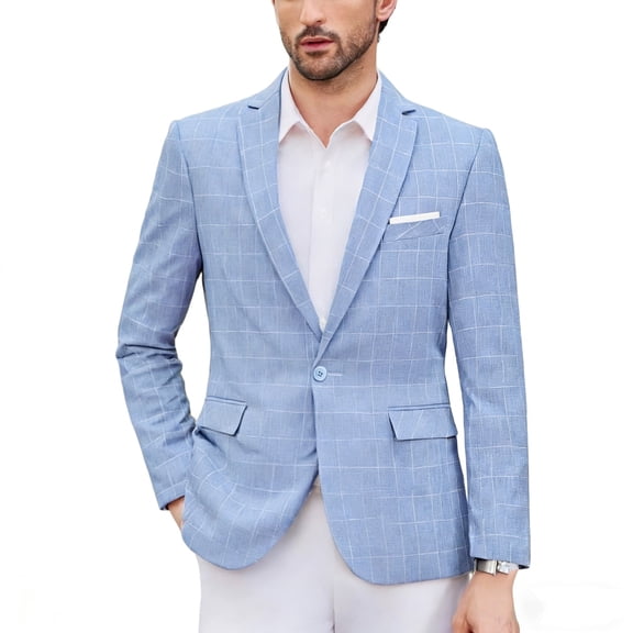 i·FineLong Men's Light Blue Checkered Business Casual Jacket