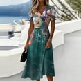 thumbnail image 2 of Watercolor Floral Print Dress for Women V Neck Short Sleeve Dress A Line Midi Casual Summer Outfit Flowy Lightweight Party Wear Vacation Boho Chic Dark Green XXXL, 2 of 6