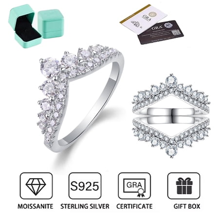 1CT Moissanite V-Shape Ring for Women, D Color VVS1, S925 Sterling Silver With 18K Gold Plated Full Paved Crown Ring, Hypoallergenic