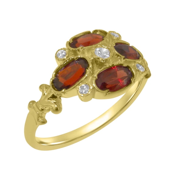 LBG British Made 9k Yellow Gold Natural Diamond & Garnet Womens Statement Ring - 33 size options - Size 10