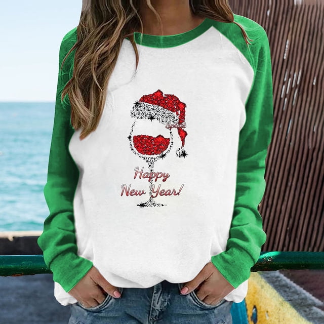 ESSSUT Hauts pour Femmes Liquidation Printemps Patchwork Noël Manches Imprimées Col Rond Tee Décontracté Vert TTG