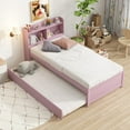 thumbnail image 3 of Mirightone Twin Trundle Bed, Solid Wooden Pull Out Bedframe, Extendable Day Bed with Bookcase Headboard and Soild Wood Slats Support, Pink, 3 of 7