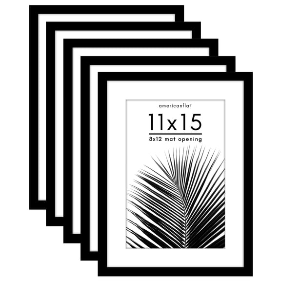Americanflat 11x15 Picture Frame with Polished Plexiglass with 8x12 Mat 5 Pack Display Photo Galleria - Black