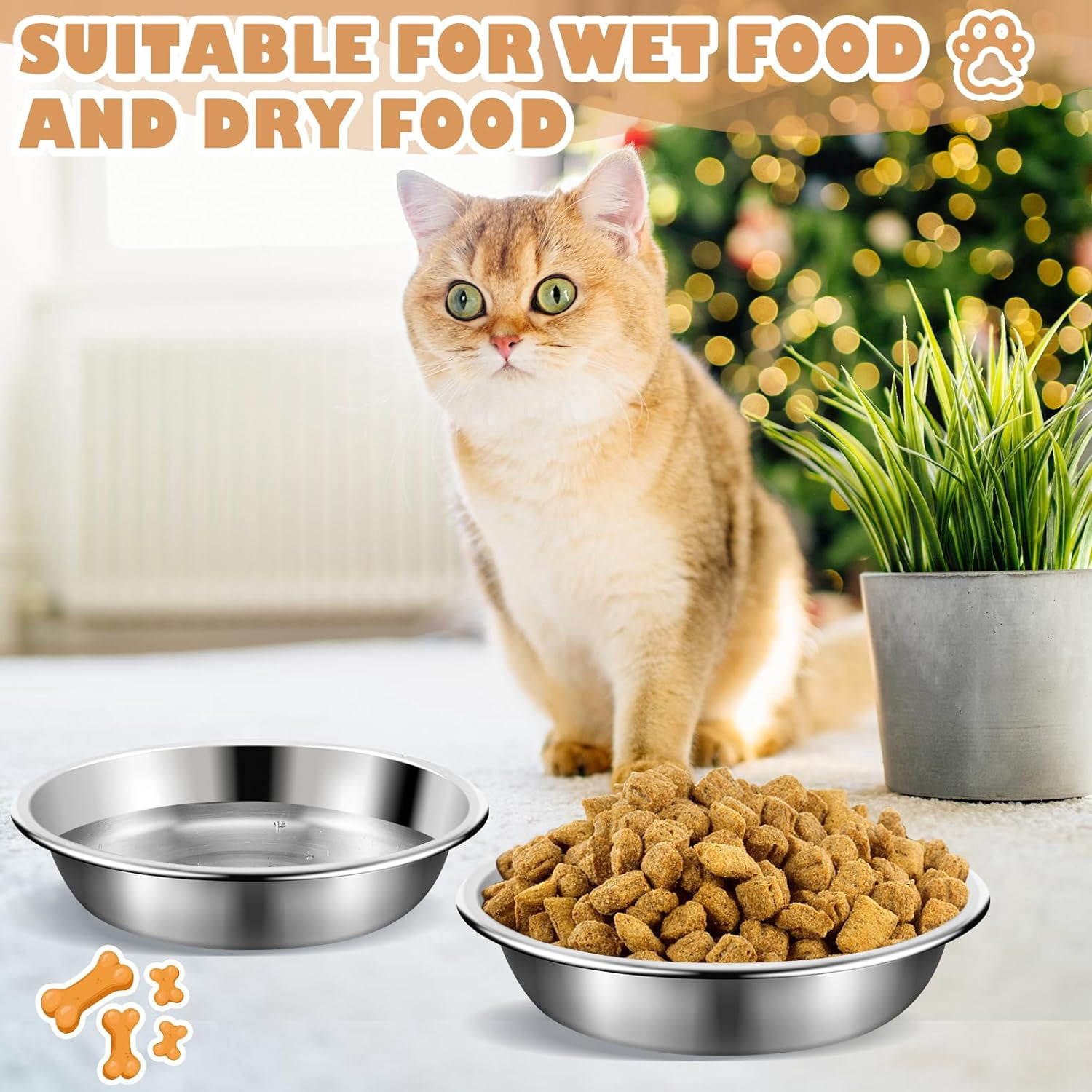 Cat Bowls,12Pcs Stainless Steel Cat Food Bowls,Replacement Whisker Fatigue Relief Cat Bowl,Shallow Cat Food Dish Bulk for Elevated Stand,Dishwasher Safe,for Small Dogs and Cats(5.5 Inch)