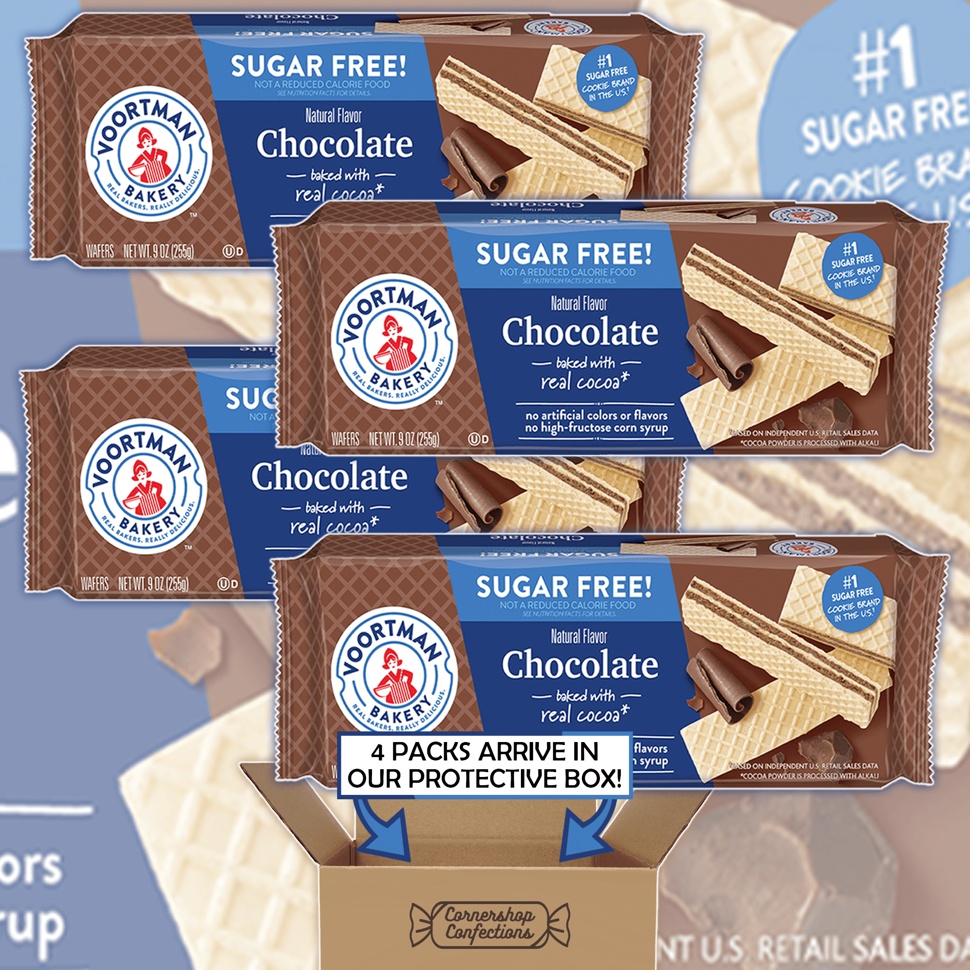 Voortman Sugar Free Chocolate Wafers Bulk Pack - 4 Individually Sealed 9 Ounce Packs - Baked With Real Cocoa - Holidays, Family Gatherings, Work Desk, Road Trip Snack - In Cornershop Confections Pack