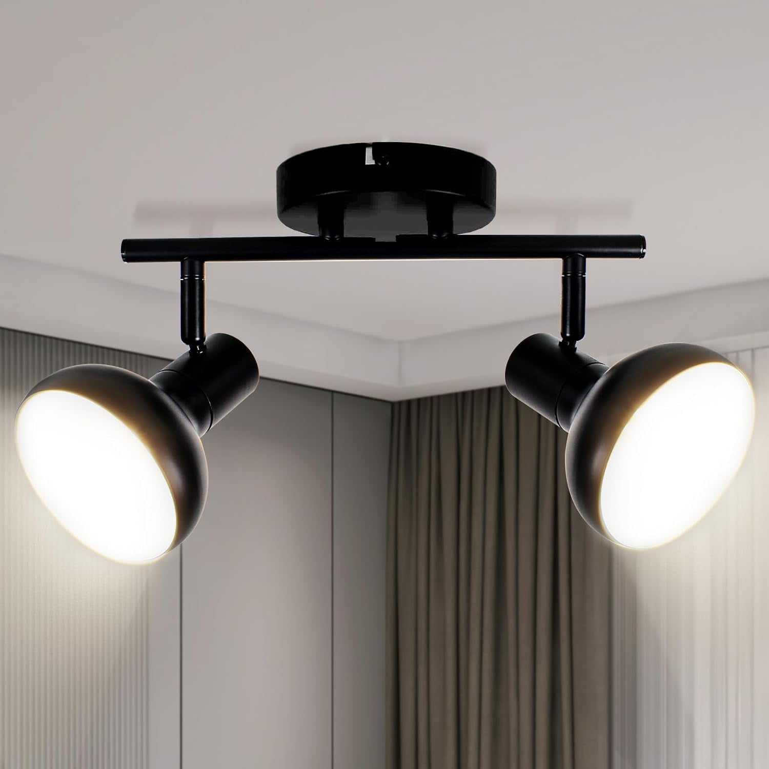 RGHJAR-2-Light Track Lighting Fixture, Black Retro Ceiling Light with Metal Cage, Adjustable Spotlights for Kitchen Bedroom Hallway, E12 Base (Bulbs Not Included)