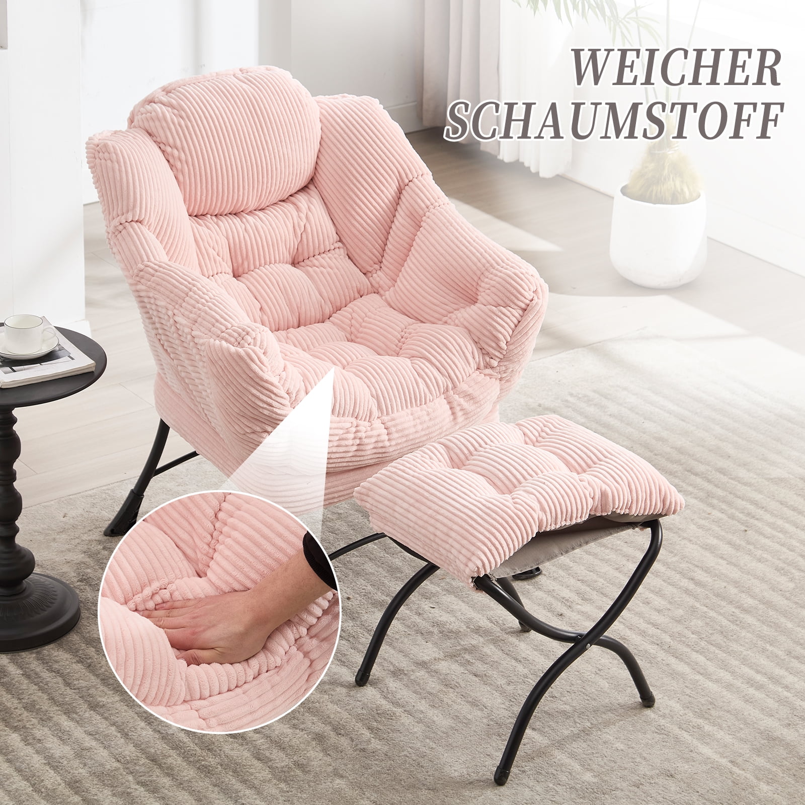 MOONMISS Accent Chair with Ottoman,with Armrests and Side Pockets、 Footrest for Living Room,Pink